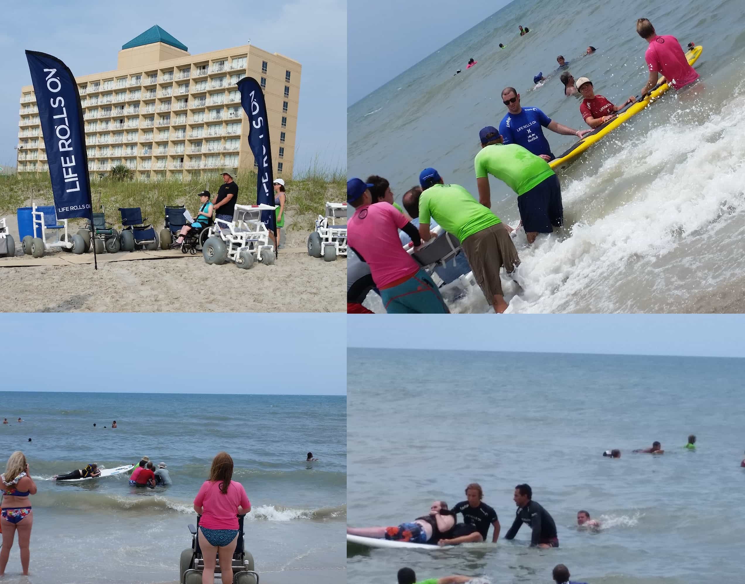 Each surfer was rolled down the water’s edge in a beach accessible wheelchair and then placed with a team and an adaptive surf board ready for fun!