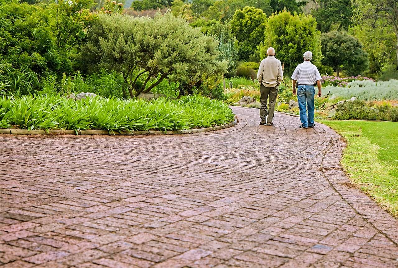 two elderly men walking
